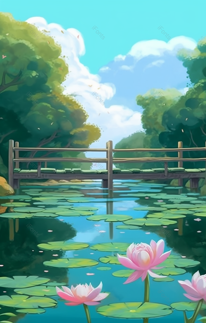 绿色池塘河边小桥插画背景,插画/手绘图,插画/手绘图库,插画/手绘图下载,插画/手绘